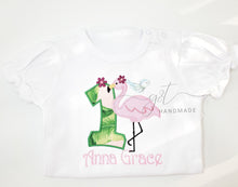 Load image into Gallery viewer, Flamingo 1 Birthday shirt,tropical birthday party shirt, first birthday,Pink glitter flamingo applique shirt,custom birthday tropic