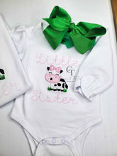 Load image into Gallery viewer, Cow theme sibling set, farm siblings, Big sister,Little sister,Sibling, Custom Embroidered Shirt with Custom Applique design,unique siblings