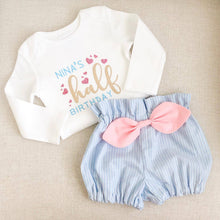 Load image into Gallery viewer, Baby Blue High Waisted Bloomers,High Waisted Shorts,Baby Girl Shorts,Short with Bow,Summer Shorts,Bloomers,Bummies,stripe shorts,baby girl
