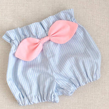 Load image into Gallery viewer, Baby Blue High Waisted Bloomers,High Waisted Shorts,Baby Girl Shorts,Short with Bow,Summer Shorts,Bloomers,Bummies,stripe shorts,baby girl
