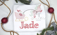 Load image into Gallery viewer, Christmas Embroidered shirt,unicorn Santa Sleigh, pink and red Christmas Sleigh, pink sleigh, cute Christmas baby shirt, Christmas bodysuit
