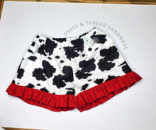 Load image into Gallery viewer, Cow girl shorts, birthday girl, cow shorts, birthday sets available, go perfect with embroidered birthday shirts,farm birthday,cow print,1,2
