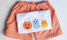 Load image into Gallery viewer, Pumpkin patch embroidered Shirt, custom personalized pumpkin shirt, fall, ghost embroidered shirt, boy Halloween, Applique fall,boy set
